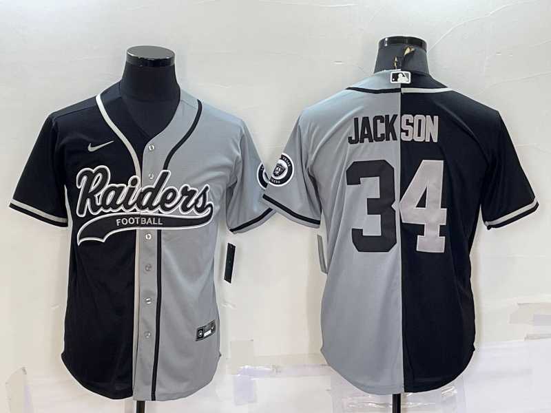 Men's Las Vegas Raiders #34 Bo Jackson Black Grey Split With Patch Cool Base Stitched Baseball Jersey,We sell and wholesale Men's Las Vegas Raiders #34 Bo Jackson Black Grey Split With Patch Cool Base Stitched Baseball Jersey on line form chian!